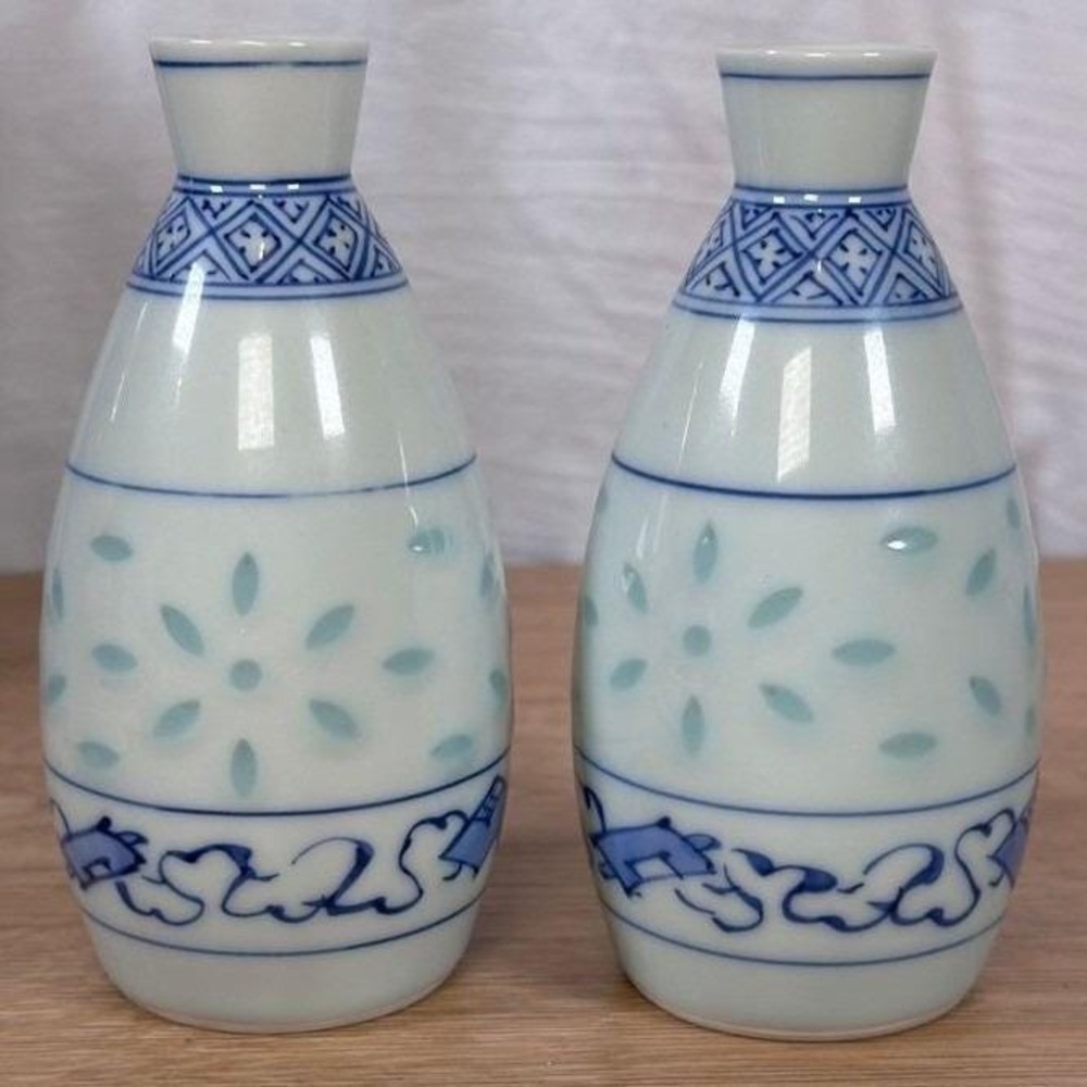 Japanese Ceramic Sake Bottle or Vase Blue & White Rice Pattern 4.5" Set of 2